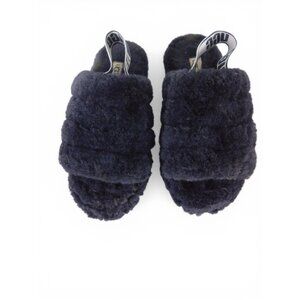 UGG Slide Slippers Womens Size 8 Navy Blue Shearling Fuzzy Logo Strap Slingback
